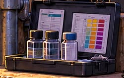 THE WATER TEST KIT. Sample vials and a colour comparison strip represent continuing water-quality checks. The gift supported testing and maintenance as well as new infrastructure.