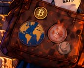 THE TRAVEL SATCHEL. A globe motif, travel stamps and Bitcoin pin suggest the relay's international reach and currency. They do not identify particular stops or a physical route.