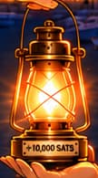 THE LANTERN INCREMENT. The lantern's +10,000 SATS mark recalls the requested addition before each onward payment. The lantern symbolises the torch; actual contributions were not always uniform.