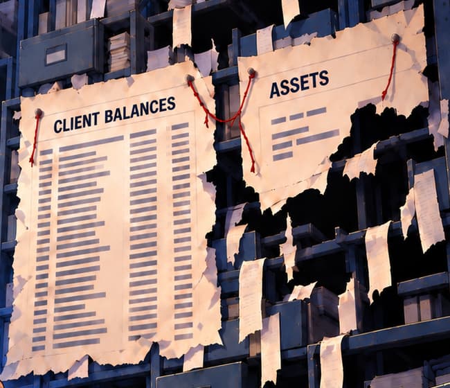 THE BALANCE SHEETS. The oversized client ledger and small asset sheet visualise the imbalance. Their torn edges are symbolic; they do not depict actual destroyed records or establish how evidence was handled.