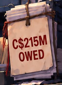 C$215M OWED. The bundle names the approximate Canadian-dollar value owed to clients in the OSC reconstruction. It represents liabilities, not a pile of cash or the amount locked inside the safe.
