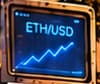THE PRICE SCREEN. Its ETH/USD screen identifies the initial reference feed. The rising line is an illustrative graphic, not a historical price chart.