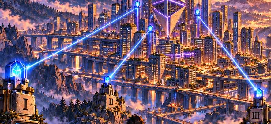 THE THREE BEACONS. I, II and III recall three data sources and three independent node operators. Their blue beams connect directly to the city; they simplify the system rather than diagram its exact architecture.