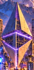 THE ETHEREUM CITY. An oversized Ethereum symbol rises above the finished city. The back-facing traveller offers a viewpoint into this imagined on-chain world, without representing a documented person.