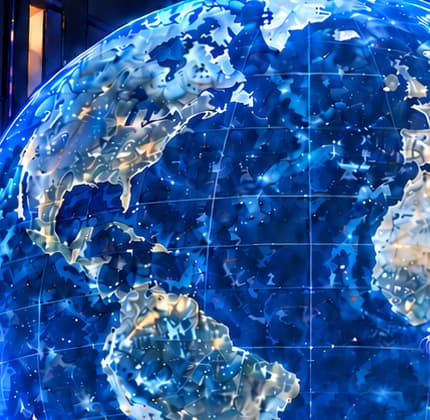 THE BLUE GLOBE. An oversized illuminated Earth gives physical form to Libra’s worldwide ambition. Its scale is symbolic; the display is an invented presentation device.
