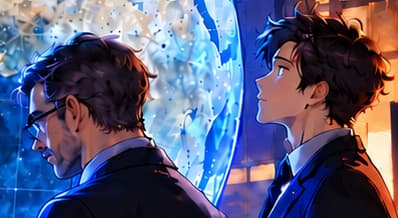 THE OBSERVERS. The thoughtful figures suggest questions about trust and governance. Blue light connects them to the globe; their identities and this meeting are fictional.