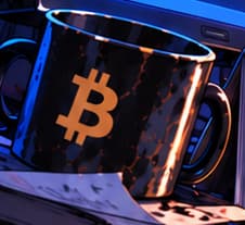 THE RETURNING HODLER. The black hoodie, Bitcoin mug and network poster echo card 021. This is the collection’s fictional character, not a portrait of a documented investor.