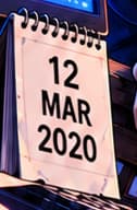 12 MAR 2020. The desk calendar anchors Black Thursday. Virus-shaped clouds and the wrecked city turn pandemic fear and market losses into visual metaphor.