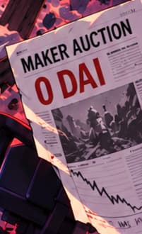 MAKER AUCTION / 0 DAI. The newspaper refers to some MakerDAO collateral auctions that cleared for zero DAI. It is external news, not a receipt showing the character’s Bitcoin being liquidated.