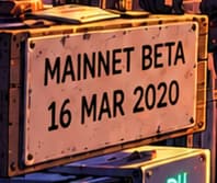 MAINNET BETA / 16 MAR 2020. The foreground plaque anchors the scene to Solana's launch date. Beta signals an initial live network whose capabilities were still being expanded.