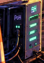 THE PoH EQUIPMENT. The small PoH labels point to Proof of History, Solana's verifiable clock. The separate VALIDATORS equipment recalls the people and machines maintaining consensus.