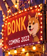 BONK / COMING 2022. The dog mascot foreshadows BONK, launched on Christmas Day 2022. It belongs to the scene's retrospective future, not the mainnet-beta launch.