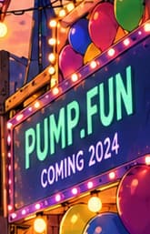 PUMP.FUN / COMING 2024. The right-hand balloon stall refers to Pump.fun's January 2024 launch. Its later date makes the artwork's forward-looking, hindsight construction explicit.