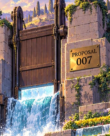 PROPOSAL 007. The plaque on the sluice points to the governance proposal that enabled user distribution on 15 June 2020. The gate marks that change, not the creation of lending itself.