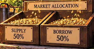 SUPPLY 50% / BORROW 50%. The trays split one market's allocation between its suppliers and borrowers. Each user's share still depended on their balance; the picture does not promise equal amounts per person.
