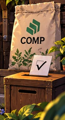 COMP SEEDS AND BALLOT BOX. The packet and voting slip connect participation to governance. COMP holders could delegate voting authority. The seeds are distinct from the water, keeping governance rewards separate from lending liquidity.