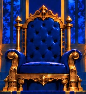 THE EMPTY THRONE. The blue-and-gold seat remains unoccupied, turning the absence of a reserved founder allocation into the scene's central symbol.