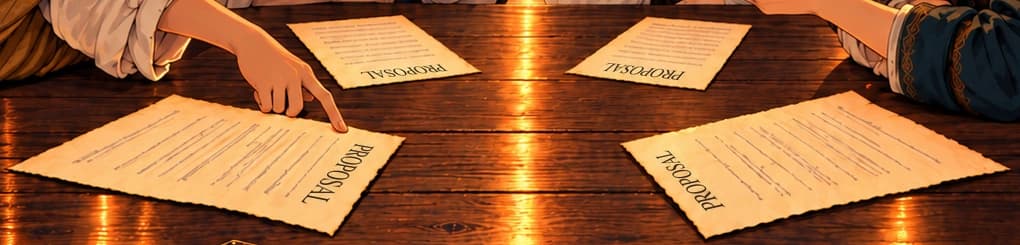 FOUR PROPOSALS. Each participant has a parchment marked PROPOSAL, turned towards its reader. The repeated heading makes debate, rather than coronation, the action.