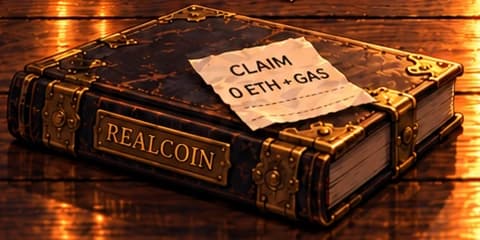 BELONGINGS ON THE TABLE. A closed REALCOIN ledger recalls 030. Across its cover lies the punk's CLAIM / 0 ETH + GAS receipt from 038, bringing two earlier stories into the foreground.