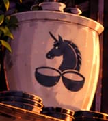 THE UNICORN JAR. The unicorn refers to Uniswap and calls back to card 049. The jar is a fictional shorthand for pooled liquidity, not evidence of a stolen reserve or a real container.