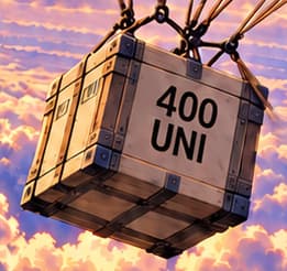 THE 400 UNI CARGO. The crate label recalls the fixed grant for each eligible historical user address. It does not describe the separately calculated liquidity-provider allocation or promise a future token price.