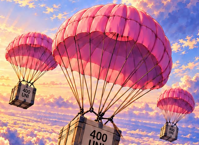 THREE PINK PARACHUTES. Bright pink canopies repeat the delivery motif across the cloudscape. The three illustrated drops create scale and rhythm; they are not a count of recipients or categories of eligibility.
