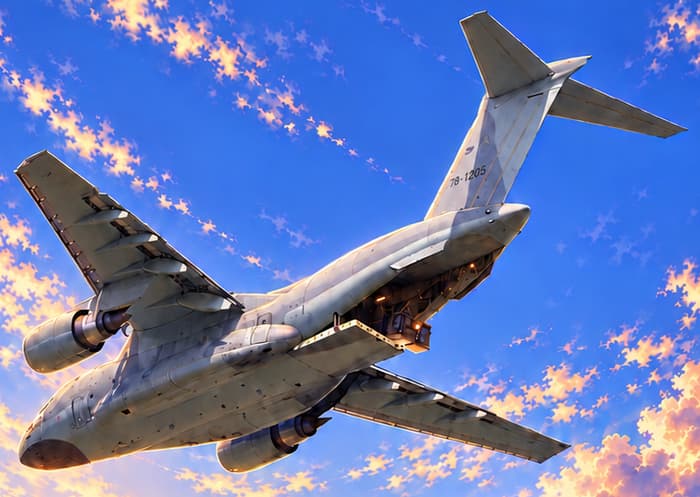 THE CARGO AIRCRAFT. The plane makes the word airdrop literal in the picture. The aircraft and sunset cloud sea are imaginative staging for a digital distribution, not a reconstruction of an actual flight.