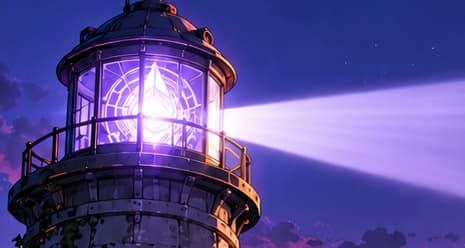 THE ETHEREUM BEACON. The Ethereum-shaped light inside the lantern sends a violet beam over the harbor. The lighthouse visualizes the new consensus chain coming online.