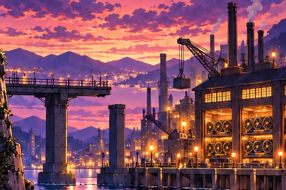 THE MINE AND UNFINISHED BRIDGE. Lit mining rigs across the water recall Mainnet continuing under proof-of-work. The missing bridge span signals that uniting the two systems still lay ahead, at The Merge in September 2022.