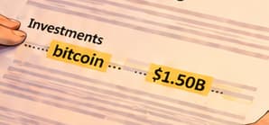 BITCOIN AND $1.50B. The highlighted pair names the asset and aggregate investment. Their yellow strips form the scene's focal point; the surrounding page lines are illustrative.