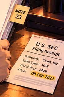 NOTE 23 AND THE FILING RECEIPT. NOTE 23 points to Subsequent Events. The separate receipt carries the filing date, 08 FEB 2021. The paper design is invented, not an authentic SEC facsimile.