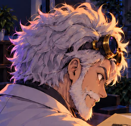 THE RETURNING PROFESSOR. White hair, goggles and a lab coat bring back the fictional professor from card 047. He acts as the collection's observer, not a real Tesla employee or historical witness.