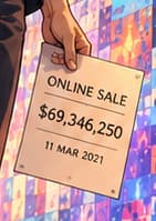 THE AUCTION RESULT. The sheet records ONLINE SALE, $69,346,250 and 11 MAR 2021. These refer to the published sale result. The paper itself is an invented prop, not an original auction document.