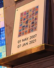 THE DAILY DATES. The catalogue carries 01 MAY 2007 and 07 JAN 2021, the endpoints given in Beeple's archive. Its miniature grid echoes the larger image, tracing the work back to daily practice.