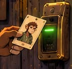 THE MEMBERSHIP READER. The portrait card and green reader translate NFT membership into a physical doorway. Both props are invented symbols; the illustration does not claim that BAYC used this hardware or issued these plastic cards.