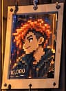 THE PIXEL PORTRAIT POSTCARD. The postcard uses an actual crop of approved HISTROVE 038 artwork, including its small 10,000 caption. Perspective-fitted inside the original paper border, it is a deliberate cross-card reference to CryptoPunks.