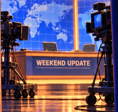 THE STUDIO CAMERAS. The cameras turn the empty desk into a scene prepared for an audience. Their placement symbolises television's reach; it does not document the actual studio's equipment or floor plan.