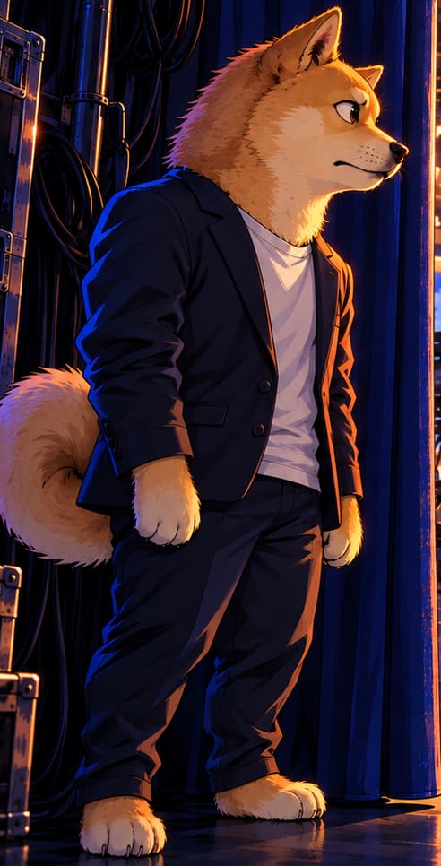 DOGE AT THE CURTAIN. The suit and curtain place the meme in a performer's waiting position. Doge is a fictional stand-in for the coin's public moment; no real dog on the SNL set is being depicted.