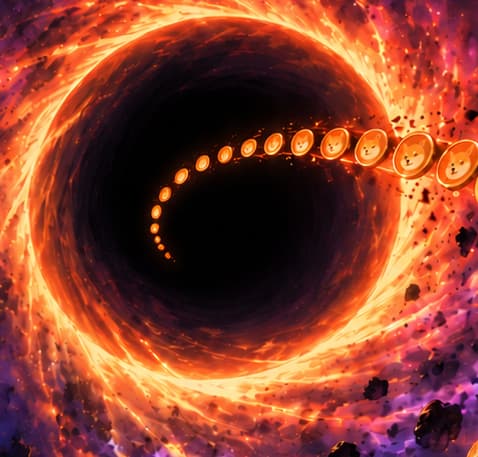 THE BLACK HOLE. The dark centre stands for an inaccessible burn address. It is a visual metaphor for giving up token control, not a claim about physics or a real event in space.