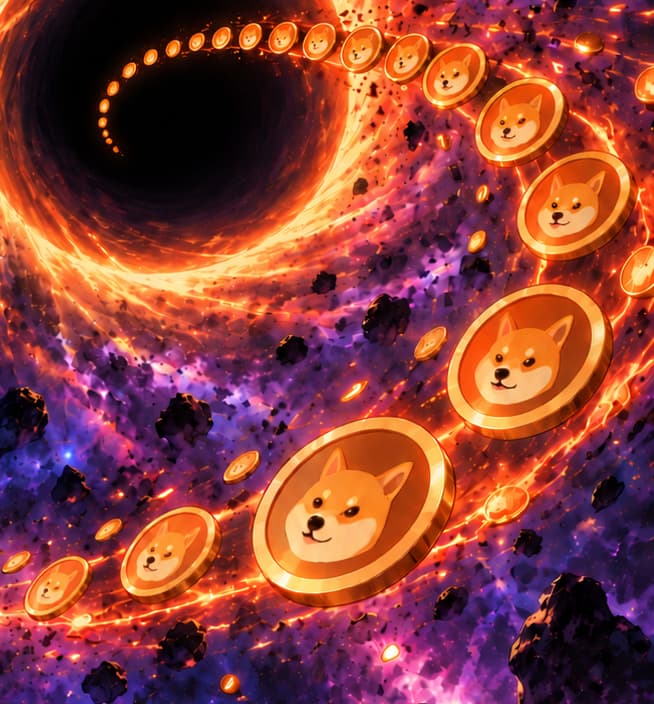 THE SINGLE INWARD TRAIL. The shrinking coin stream has one endpoint inside the dark centre. It symbolises the burn transfer, with no separate charity route shown in this scene.