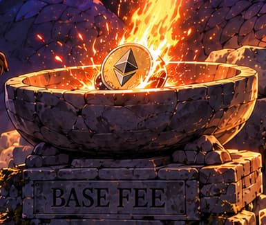 THE BASE FEE BOWL. The dragon's flame meets the coin above the BASE FEE label. This visualises the protocol burn: the base-fee payment was destroyed rather than collected in a miner's wallet.