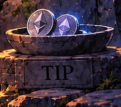 THE SEPARATE TIP BOWL. Unburned coins sit in the smaller bowl marked TIP. Priority fees remained payable to miners in August 2021. The illustrated coin counts do not measure a real fee split.