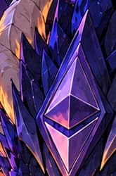 THE FOREHEAD EMBLEM. The Ethereum symbol on the dragon's forehead identifies the network behind the mechanism. The creature is an invented personification of the rule, not a historical actor.