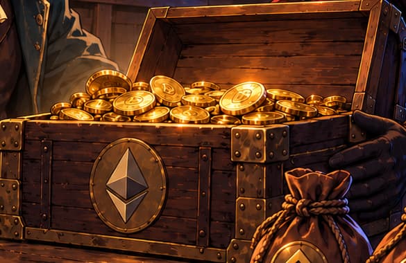 THE ETHEREUM CHEST. The large chest bears Ethereum's diamond emblem. It points to one of the three affected networks. The gold treasure is a visual shorthand for varied crypto assets, not a measured pile of ETH.
