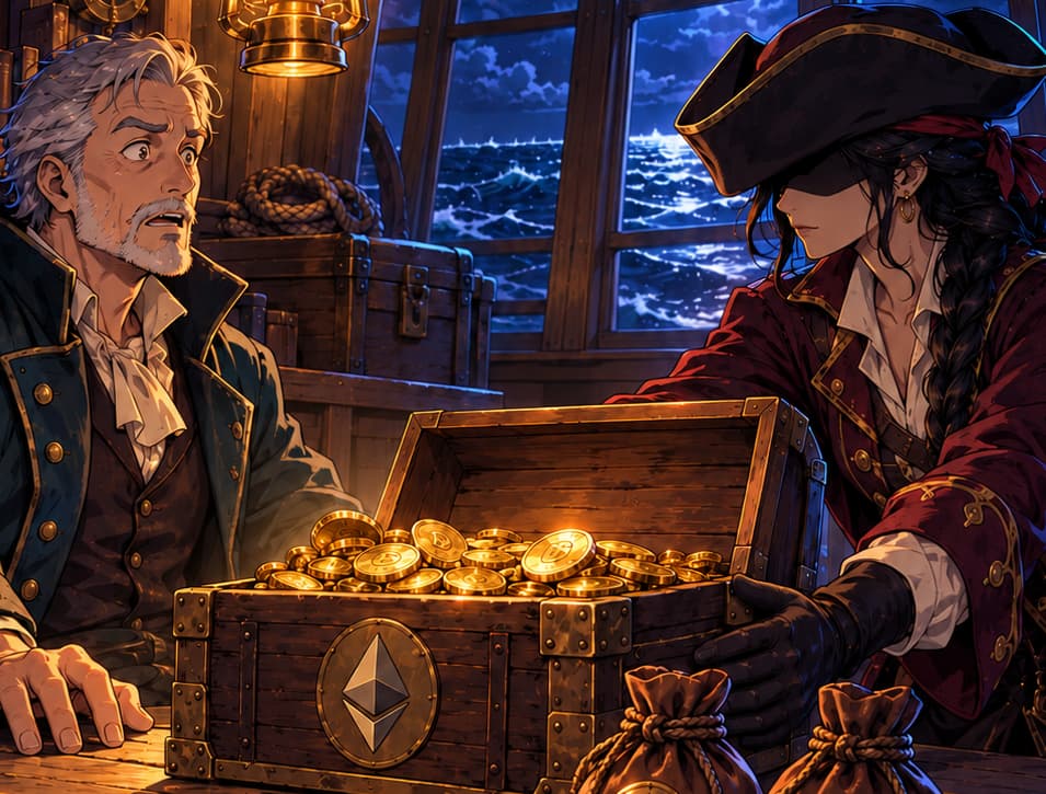 THE UNEXPECTED HANDOVER. The pirate's gloved hands guide the open chest toward the surprised recipient. The handover symbolises recovery over time. Both people and the ship's cabin are invented; the pirate is neither an identified attacker nor a claim of heroism.