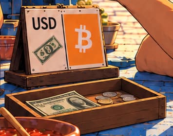 TWO WAYS TO PAY. The counter sign pairs dollar and Bitcoin symbols above a rectangular cash box. They express the coexistence of familiar cash and a new digital payment method; the illustrated notes and coins do not specify a price.