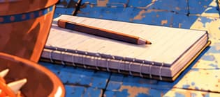 THE OPEN NOTEBOOK. A pencil rests on a lined notebook in the foreground. It symbolises the merchant's everyday task of keeping accounts. No legible prices or conversion calculation are shown, so those should not be inferred.