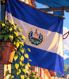 THE SALVADORAN FLAG. Blue and white bands place the scene in El Salvador. The street and distant buildings are an imagined setting, not an identified town, landmark or real business.