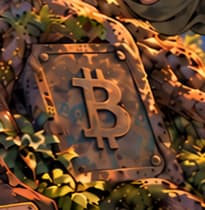 THE ROOT MARKER. The Bitcoin symbol on the old bronze plaque beside the roots identifies the established tree. It anchors the grafting metaphor: Taproot added spending capabilities to Bitcoin through a soft fork, preserving continuity with the existing chain.