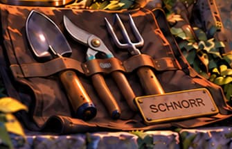 THE SCHNORR TOOLS. The open tool roll carries the SCHNORR label beneath its brown-handled tools. It links practical craft to the signature scheme specified by BIP 340, one component of the upgrade alongside Taproot's construction and Tapscript's rules.